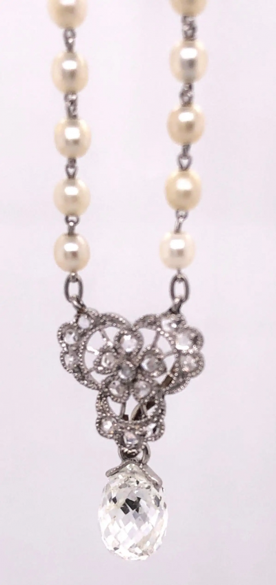 Tiffany Co Tiffany Co White Gold Beaded Pearl Necklace with Diamonds and Large Briolette