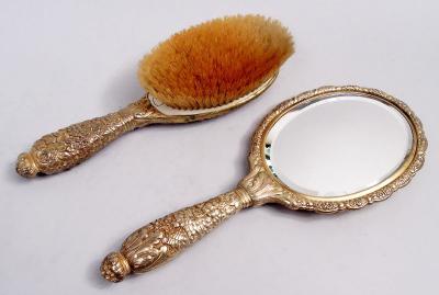  Tiffany Co Tiffany Fern Flower Vanity Pair with Hand Mirror Hairbrush