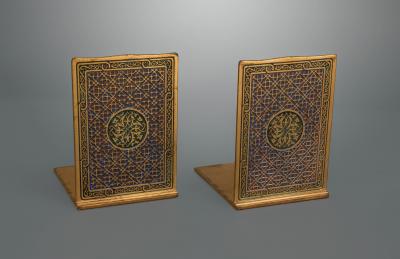  Tiffany and Co A Pair of Tiffany Gilt and Enamel Bookends in the Medallion Pattern 2028 