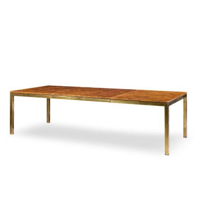  Tomlinson Tomlinson Mid Century Burlwood and Brass Expanding Dining Table with 2 Leaves