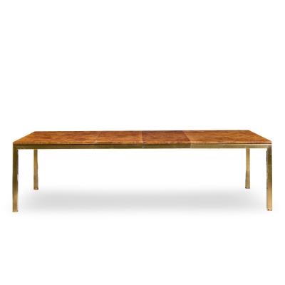  Tomlinson Tomlinson Mid Century Burlwood and Brass Expanding Dining Table with 2 Leaves