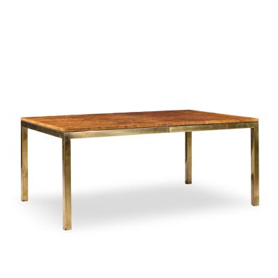  Tomlinson Tomlinson Mid Century Burlwood and Brass Expanding Dining Table with 2 Leaves
