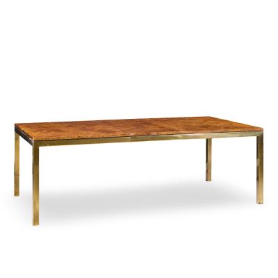  Tomlinson Tomlinson Mid Century Burlwood and Brass Expanding Dining Table with 2 Leaves