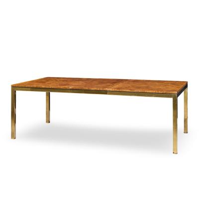  Tomlinson Tomlinson Mid Century Burlwood and Brass Expanding Dining Table with 2 Leaves