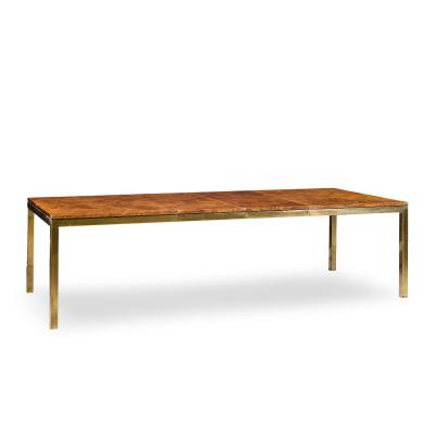  Tomlinson Tomlinson Mid Century Burlwood and Brass Expanding Dining Table with 2 Leaves