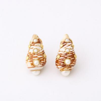 Trianon Red Beige Shell Earrings Set in 18k Gold With Inlaid Pearls by Trianon