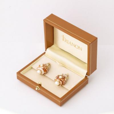  Trianon Red Beige Shell Earrings Set in 18k Gold With Inlaid Pearls by Trianon