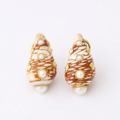  Trianon Red Beige Shell Earrings Set in 18k Gold With Inlaid Pearls by Trianon