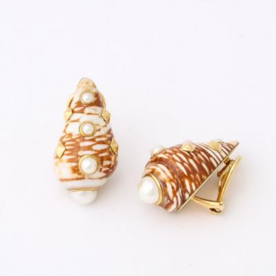  Trianon Red Beige Shell Earrings Set in 18k Gold With Inlaid Pearls by Trianon