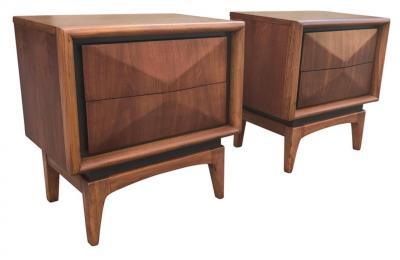  United Furniture Corporation Expertly Restored United Furniture Walnut Diamond Pair Nightstands MCM 1960s