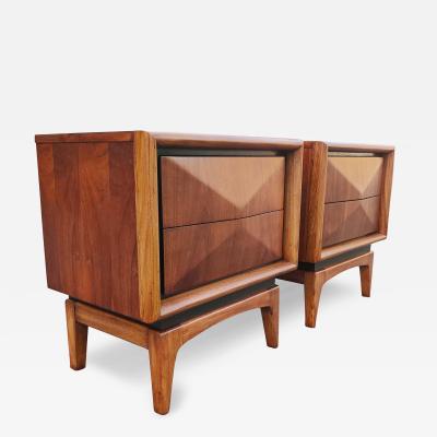  United Furniture Corporation Expertly Restored United Furniture Walnut Diamond Pair Nightstands Mcm 1960s