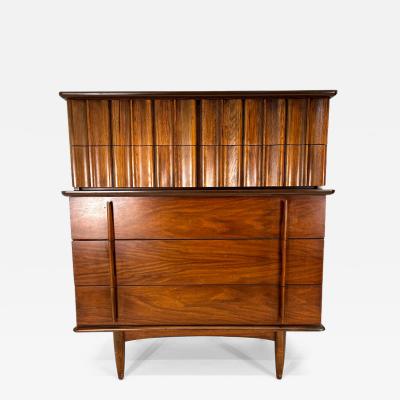  United Furniture Corporation Mid Century Modern United Furniture Sculptural Walnut Tallboy Dresser Chest