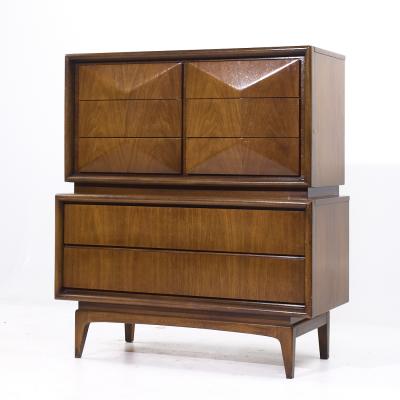  United Furniture Corporation United Furniture Mid Century Diamond Walnut Highboy Dresser