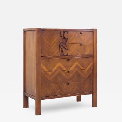  United Furniture Corporation United Tiki Brutalist Mid Century Walnut Gentleman s Chest Highboy Dresser