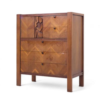  United Furniture Corporation United Tiki Brutalist Mid Century Walnut Gentleman s Chest Highboy Dresser