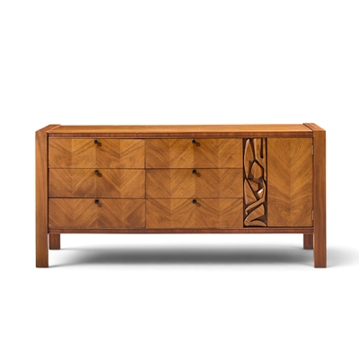  United Furniture Corporation United Tiki Brutalist Mid Century Walnut Lowboy Dresser