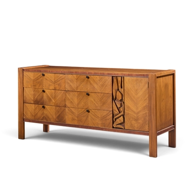  United Furniture Corporation United Tiki Brutalist Mid Century Walnut Lowboy Dresser