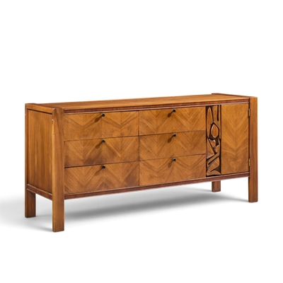  United Furniture Corporation United Tiki Brutalist Mid Century Walnut Lowboy Dresser