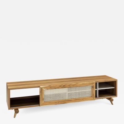  Uultis Design Plot Storage Console with Teak Finish and Cane Webbing Sliding Door