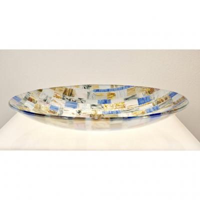  V v Glass Contemporary Italian Blue Pink Yellow Copper Murano Art Glass Mosaic Centerpiece