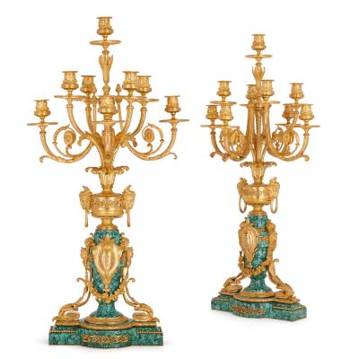  VICTOR PAILLARD Antique French gilt bronze and malachite clock set