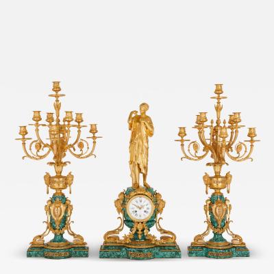  VICTOR PAILLARD Antique French gilt bronze and malachite clock set