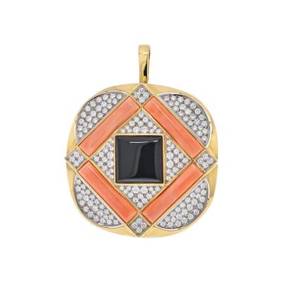  Vacheron Constantin 18K YELLOW GOLD 1970S CORAL DIAMOND AND ONYX PENDANT BROOCH