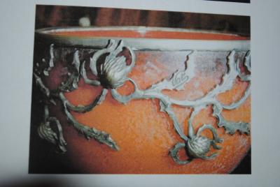  Val Cie Art Nouveau signed Val Cie Bronze and Art Glass Bowl