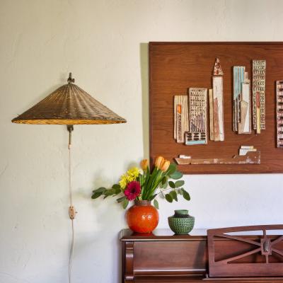  Valinte OY 1950s Valinte Oy Rattan Brass Plug In Wall Lamp in the Manner of Paavo Tynell