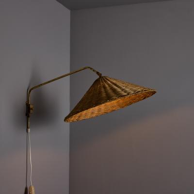  Valinte OY 1950s Valinte Oy Rattan Brass Plug In Wall Lamp in the Manner of Paavo Tynell