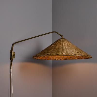 Valinte OY 1950s Valinte Oy Rattan Brass Plug In Wall Lamp in the Manner of Paavo Tynell