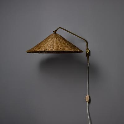  Valinte OY 1950s Valinte Oy Rattan Brass Plug In Wall Lamp in the Manner of Paavo Tynell