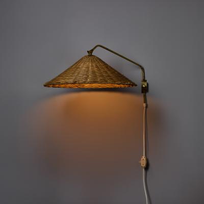  Valinte OY 1950s Valinte Oy Rattan Brass Plug In Wall Lamp in the Manner of Paavo Tynell