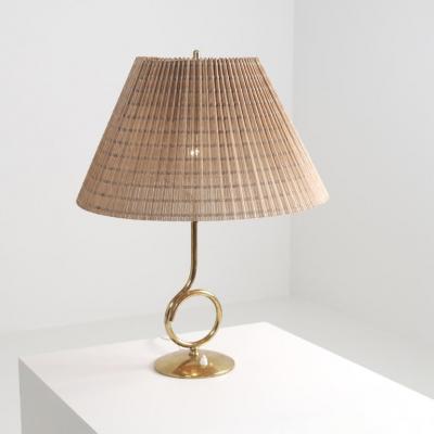  Valinte OY Large Mid Century Modern Valinte Table Lamp in Brass Rattan Finland 1950s