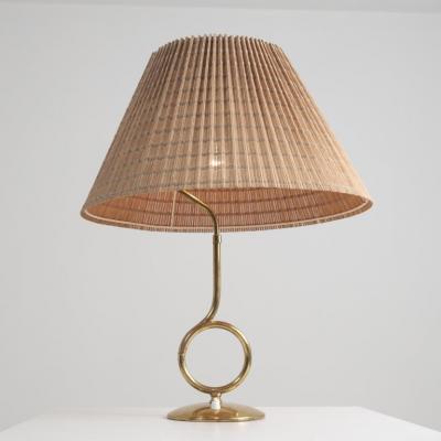  Valinte OY Large Mid Century Modern Valinte Table Lamp in Brass Rattan Finland 1950s