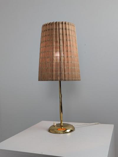  Valinte OY Mid Century Modern Valinte Table Lamp in Brass Rattan Shade Finland 1950s