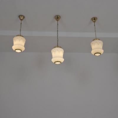 Valinte OY Set of Three Jugend Style Pendants in Milk Glass Brass Valinte Finland 1970s