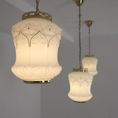  Valinte OY Set of Three Jugend Style Pendants in Milk Glass Brass Valinte Finland 1970s