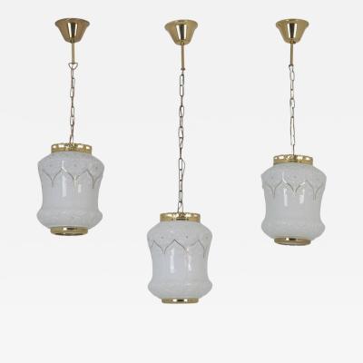  Valinte OY Set of Three Jugend Style Pendants in Milk Glass Brass Valinte Finland 1970s