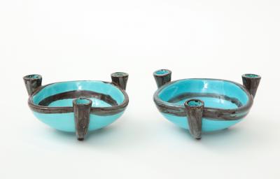  Vallauris Pair of Vallauris Blue Ceramic Candelabra Cups France c 1955