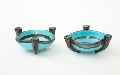  Vallauris Pair of Vallauris Blue Ceramic Candelabra Cups France c 1955