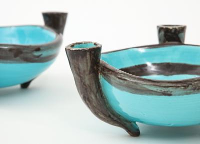  Vallauris Pair of Vallauris Blue Ceramic Candelabra Cups France c 1955