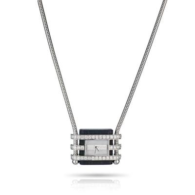  Van Cleef Arpels 18K WHITE GOLD DIAMOND MOTHER OF PEARL AND WOOD PENDANT WATCH