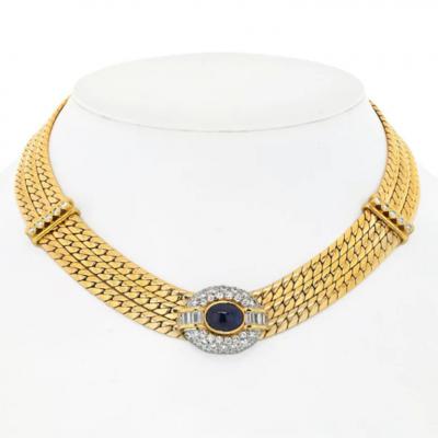  Van Cleef Arpels 18K YELLOW GOLD DIAMOND AND SAPPHIRE THREE STRAND COLLAR NECKLACE