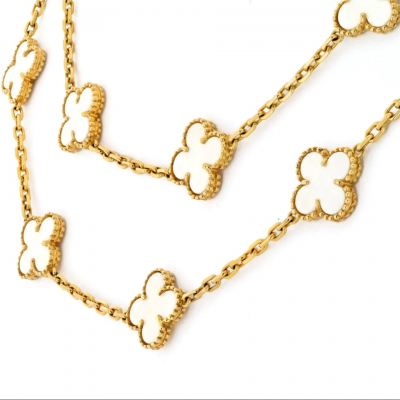  Van Cleef Arpels ALHAMBRA 18K YELLOW GOLD 20 MOTIF CIRCA 1985 WHITE CORAL NECKLACE