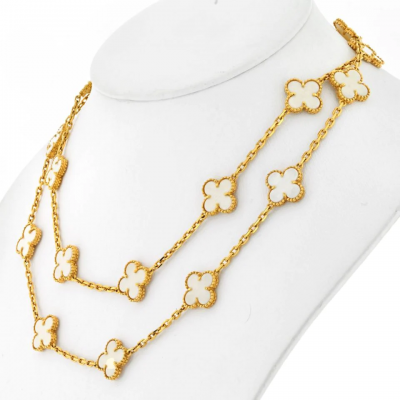  Van Cleef Arpels ALHAMBRA 18K YELLOW GOLD 20 MOTIF CIRCA 1985 WHITE CORAL NECKLACE