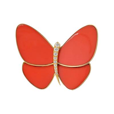  Van Cleef Arpels PLATINUM 18K YELLOW GOLD CORAL PAPILLON BUTTERFLY BROOCH