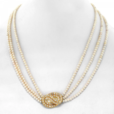 Van Cleef Arpels VAN CLEEF ARPELS 18K YELLOW GOLD MULTISTRAND PEARL DIAMOND NECKLACE