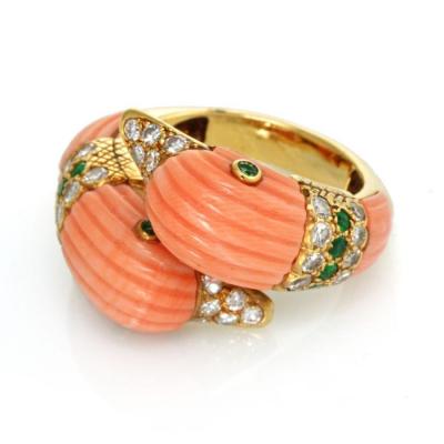  Van Cleef Arpels VAN CLEEF ARPELS 18K YELLOW GOLD TWIN DOLPHINS CORAL DIAMOND RING