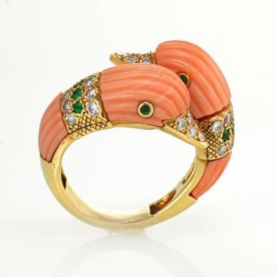  Van Cleef Arpels VAN CLEEF ARPELS 18K YELLOW GOLD TWIN DOLPHINS CORAL DIAMOND RING
